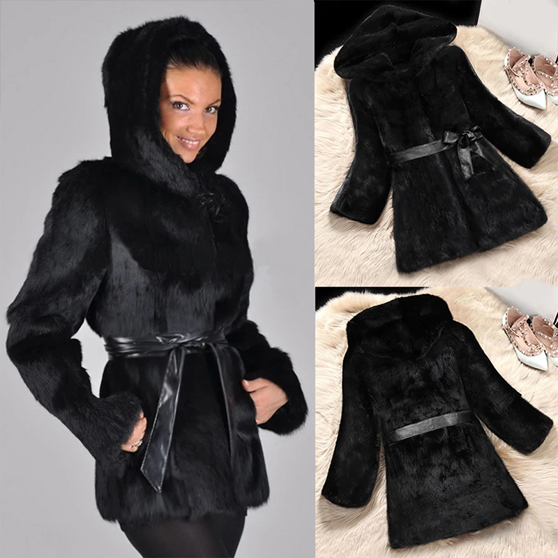 Женское пальто с искусственным мехом, осенне-зимнее пальто из искусственного меха, однотонное пальто с капюшоном и длинными рукавами, с карманами, пушистая длинная верхняя одежда, куртка черного цвета