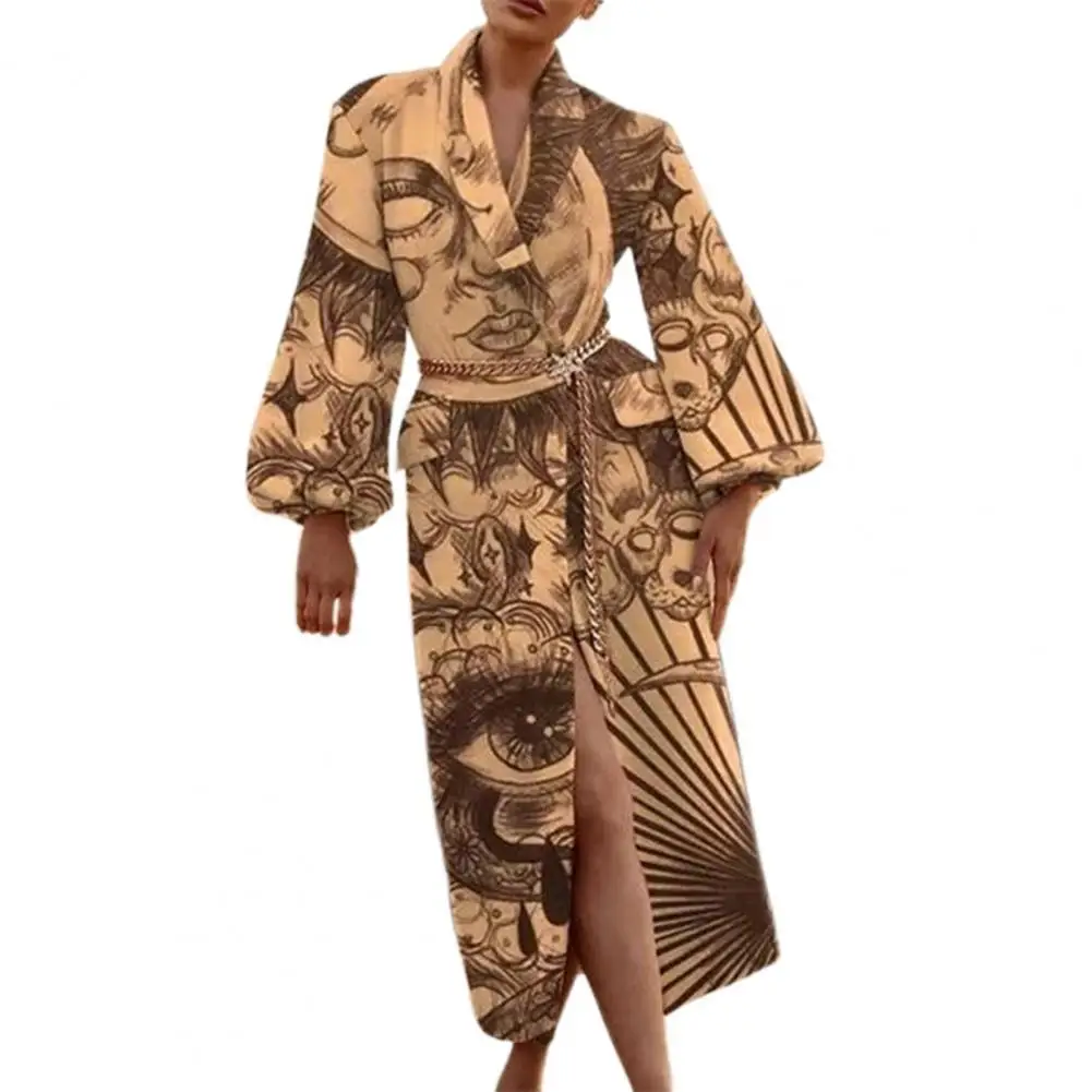 

Lantern Sleeve Abstract Print Patchwork Women Coat Lapel Open Front Long Warm Woolen Coat Outwear