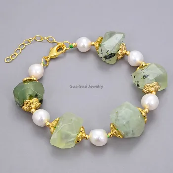 

GG Jewelry 8'' Cultured White Keshi Pearl Green Prehnite Quartz Bracelet
