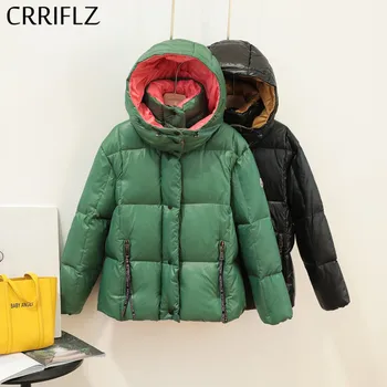 

CRRIFLZ New 90% White Duck Down Jacket Short Hooded Coats Winter Jacket Glossy Parka Women Stand Collar Warm Thicken Down Parka