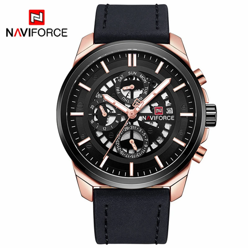 NAVIFORCE, мужские часы, Топ бренд, спортивные, мужские, повседневные, кожа, дата, кварцевые часы, мужские, неделя, армейские, военные, наручные часы, Relogio Masculino - Цвет: Rose Gold Black
