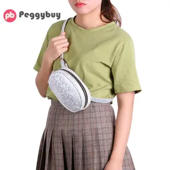 

Waist Bags Women Black Silver Fanny Pack Laser Oval Chest Pack Women Belt Crossbody Fanny Bag PU Shoulder Waist Bags