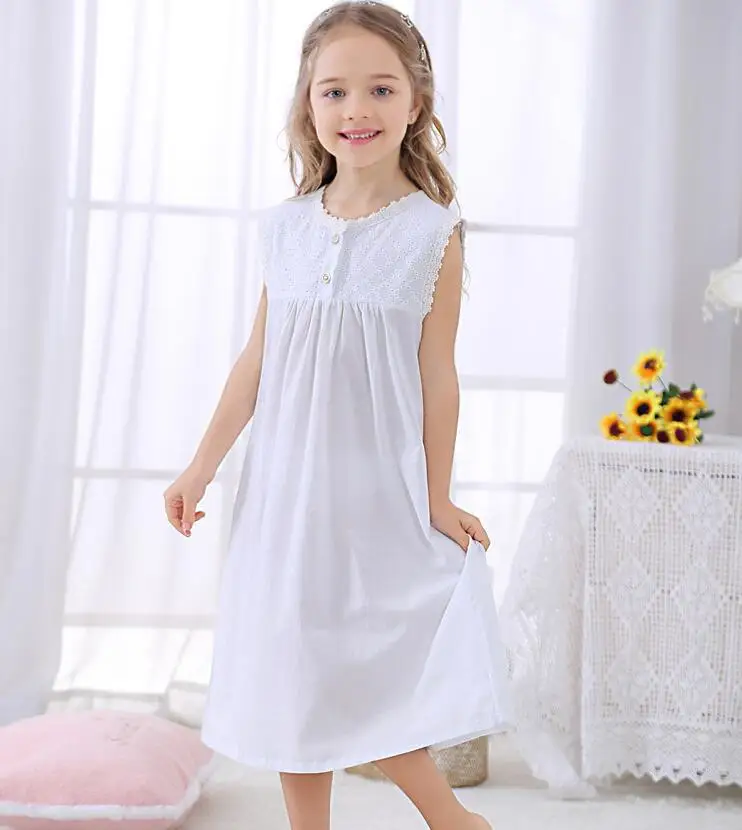 Белая Летняя ночная рубашка для девочек детские ночные рубашки без рукавов с вышитыми цветами Милая Пижама с принцессой одежда для сна для малышей