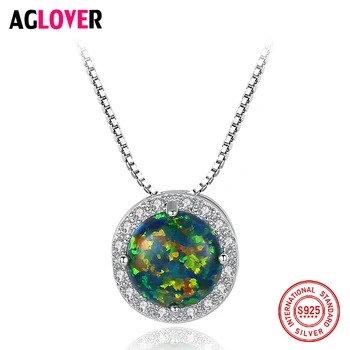 

AGLOVER 2020 New 925 Sterling Silver Necklace For Women's Green Round Opel Pendant Necklace Fashion Woman Jewelry Gift Hot