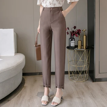 

Spring 2020 New Korean OL Style Women Formal Straight Pants Pockets High Waist Elegant Office Lady Ankle-Length Pants Female