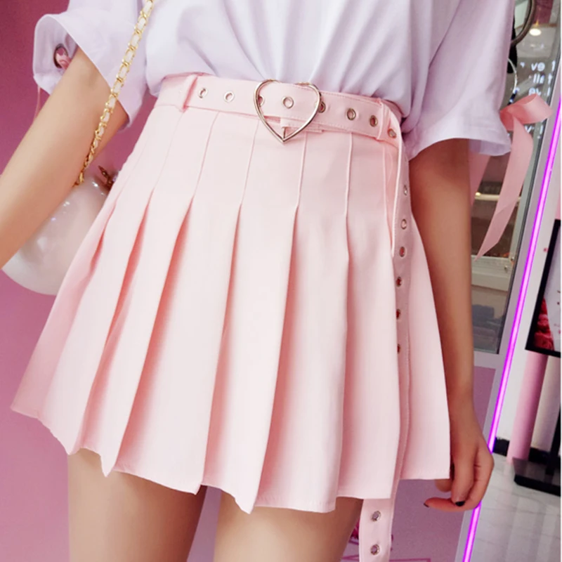 

Harajuku Heart Shape Sashes Pleated Skirt Women High Waisted Bodycon Mini Skirt Summer Cute Sweet Girls Dance Short Skirt Female