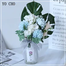 YO CHO свадебный букет, искусственный цветок, Шелковая Роза, розовая Гортензия, помпон, тропический Эвкалиптовый пальмовый лист, свадебные принадлежности