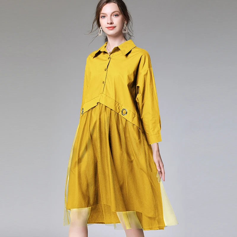 

Spring Autumn New Women's Grenadine Patchwork Loose Fashion Show Thin Elegant Dress Long Sleeve Turn-down Collar Shirt Dress