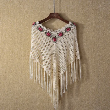 

High Quality 100% Cotton Linen Knitting Hook Flower Shawl Female 2019 New Summer Tassel Poncho Sexy Retro Loose Hollow Hole Cape