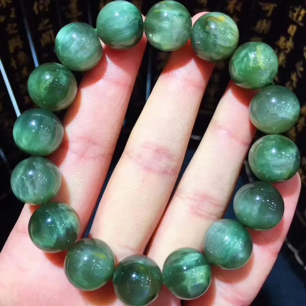 

Certificate Natural Green Rutilated Quartz Bracelet 13mm Women Men Cat Eye Stretch Crystal Round Bead Bracelet Drop Shipping