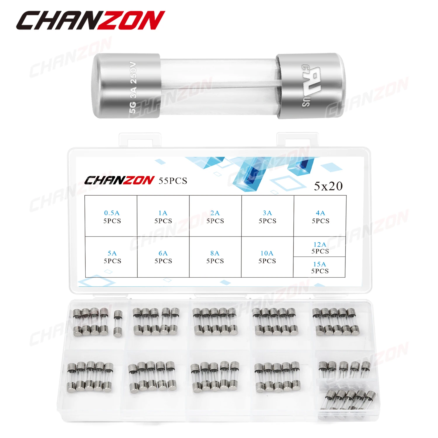 55pcs 5x20 Fast Blow Tube Cylinder Glass Fuse Set 5X20mm 0.5A 1A 2A 3A 4A 5A 6A 8A 10A 12A 15A 250V 125V 12V for Oven Microwave
