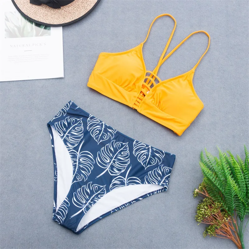 

Halter Swimwear Women High Waisted Bikini 2020 Cutout Yellow Swimsuit Plus Size Two Piece Bathing Suit Women Summer Beachwear