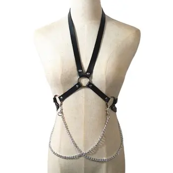 

Womens Sexy Punk Gothic Waist Belt Faux Leather Halter Neck Body Harness Metal Chain O-Ring Suspenders Roleplay Clubwear