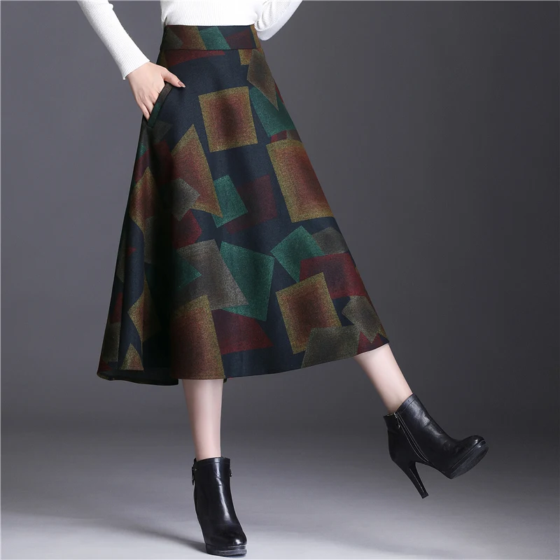 Plus Size New Women Skirt Woolen High Waist In Long Pleated Posed Skirts 9129