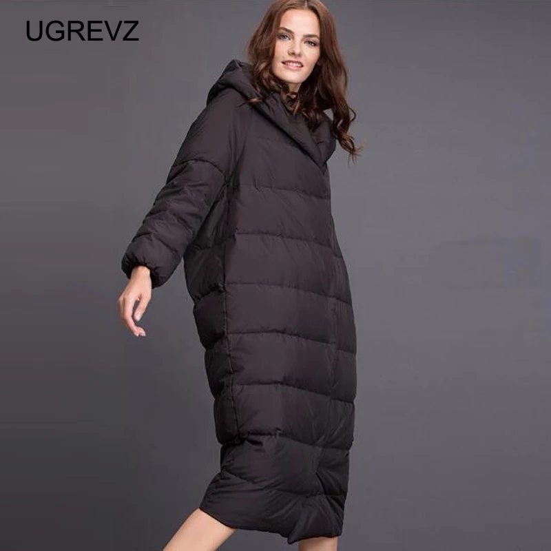 YR0004Black UGREVZ новая осенне-зимняя женская пуховая куртка элегантная однотонная Длинная женская парка на утином пуху Женская Толстая теплая верхняя одежда с капюшоном плюс размер - Цвет: YR0004Black