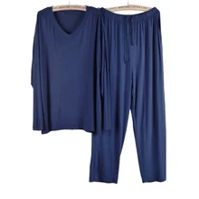 Spring Summer V-Neck Modal Men's Pajama Pants 2Piece Set Thin Long Sleeves Home Costumes Comfort Casual Sleepwear Male Plus Size
