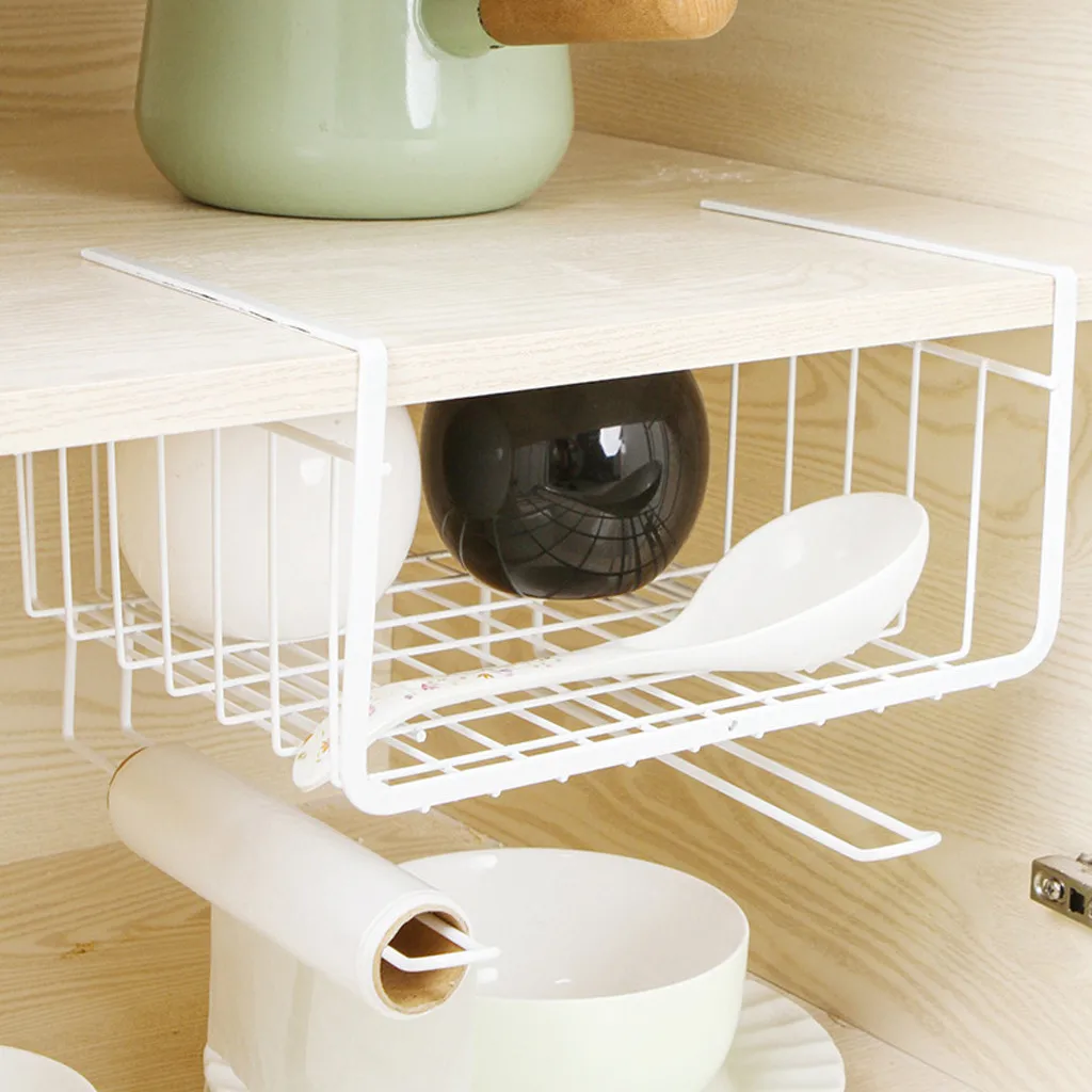 Kitchen Storage Bin Under Shelf Wire Rack Cabinet Basket Iron Storage Tableware Cup Organizer Holder Stand Kitchen Tools Hanging