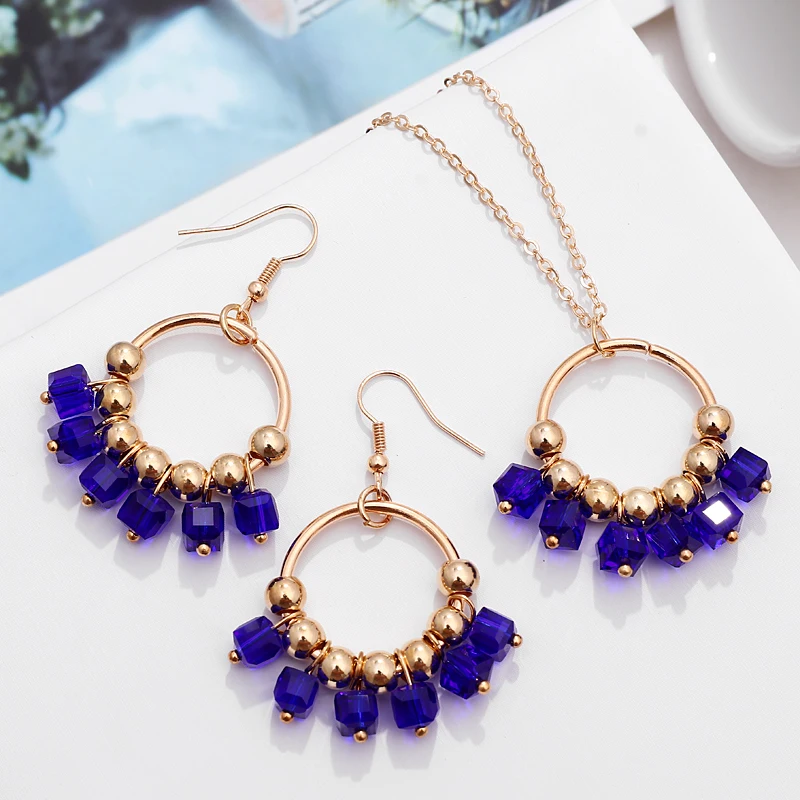 Fashion Acrylic Beads Jewelry Sets Bohemian Colorful Ladies Women Statement Gold Chain Pendant Necklace Earrings Set |