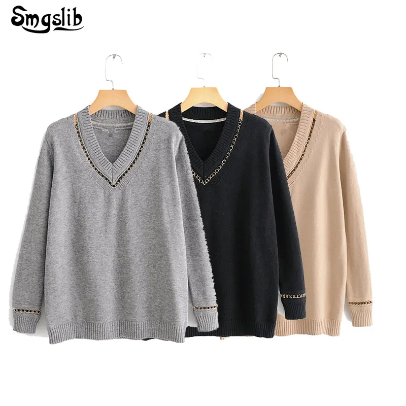 

2019 winter sweaters women england personality Metal Ring Splicing v-neck oversize pull femme sweaters women pullovers tops