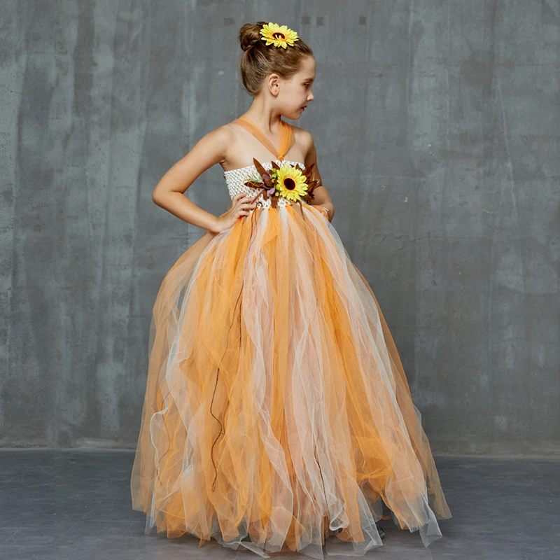 Autumn Scarecrow Girls Tutu Dress Set Kids Halloween Tulle Scare Crow Costume Fall Colored Flower Children Wedding Couture Dress (2)