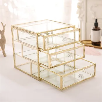 

Double Bronze Glass Desktop Storage Box Jewelry Finishing Box Drawer Jewelry Box Cosmetic Storage Box