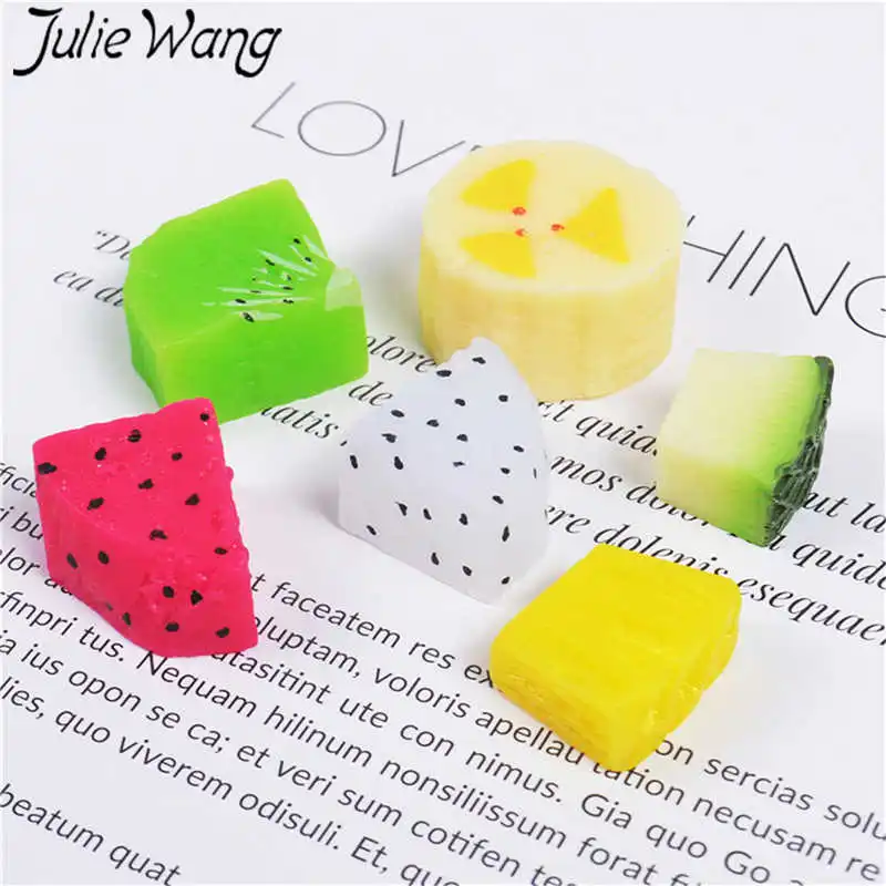 

Julie Wang 10PCS Resin Artificial Fruit Charms Banana Pineapple Kiwi Pitaya Slime Jewelry Making Accessory Table Decor Props