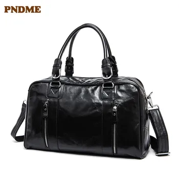 

PNDME business vintage genuine leather men's travel luggage bag real cowhide women's weekend large capacity hand duffel bag