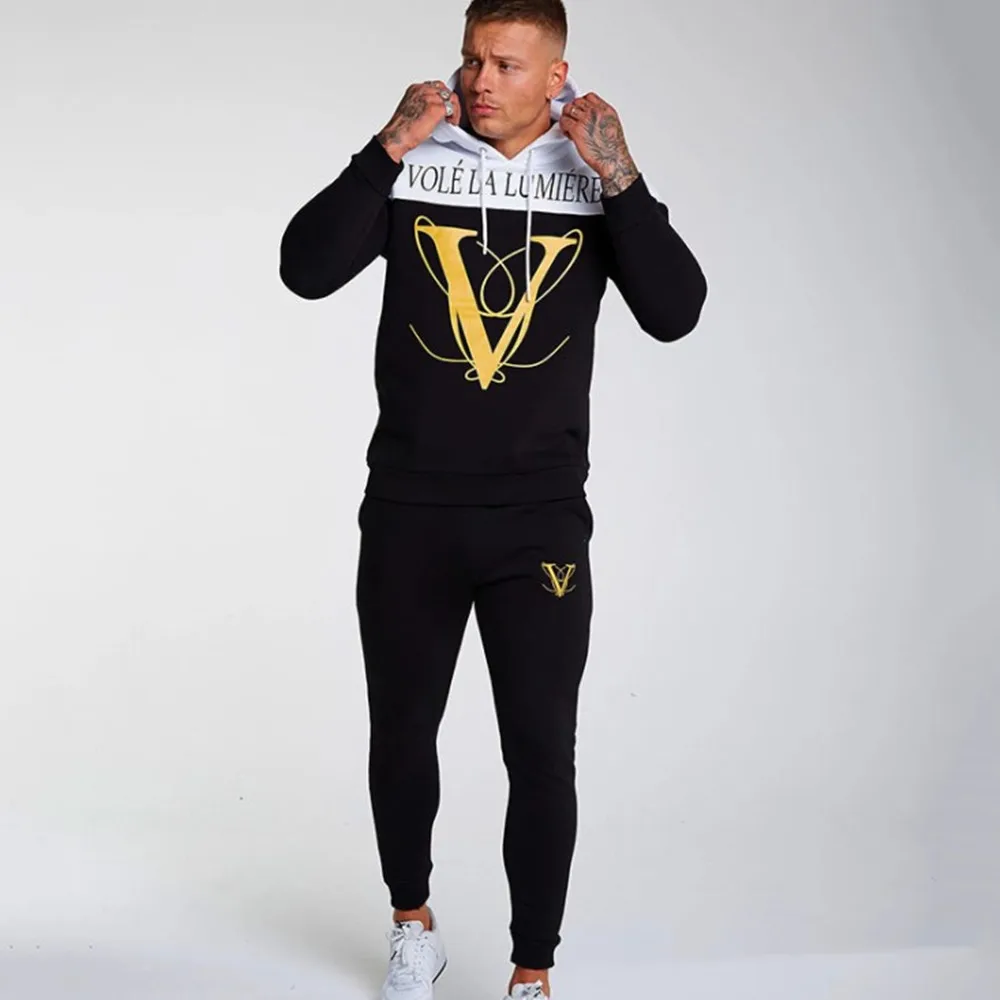 Autumn winter men's fitness hooded tracksuits Loose running training casual hooded coats+fashion pure color pants Jogger suits