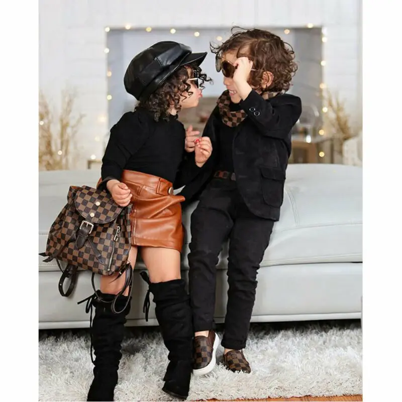 Clothes Girl Winter Fashion Warm Outfit Sweet Kids Long Sleeve Knitted Black Sweater Tops brown Leather Skirt Clothes set