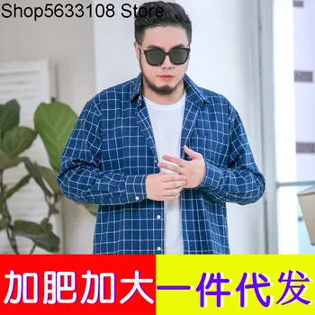 

Pure Cotton Fat Man Plus Fat Plus Large Size Loose Version Shirt Male Thicken Autumn Style All Cotton Grid Super Large size Men