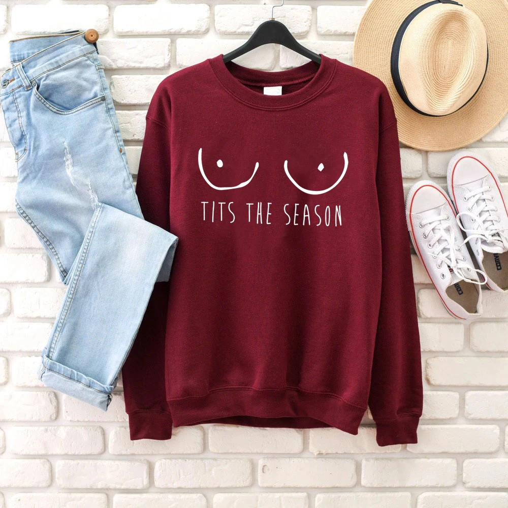 Burgundy-white txt Tits сезон Забавный Рождественский слоган Графический Женская мода милый каваи гранж tumblr Толстовка Винтаж девушка подарок вечерние топы - Цвет: Burgundy-white txt
