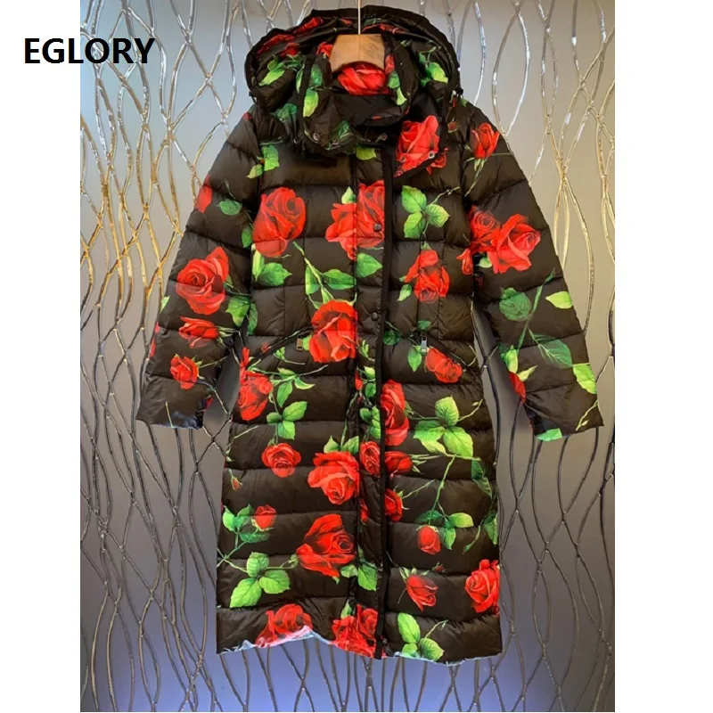 Top Kwaliteit Parka Down Jas 2019 Winter Warm Eendenveren Vullen Bovenkleding Vrouwen Hooded Elegante Bloemenprint Lange Jas Vrouwelijke Top Kwaliteit Parka Down Jas 2019 Winter Warm Eendenveren Vullen Bovenkleding Vrouwen Hooded Elegante Bloemenprint Lange Jas Vrouwelijke
