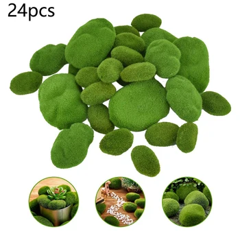 

24PCS Artificial Fake Moss Stone Rock Ball Realistic Garden Decor Fuzzy Green For Home Office Decoration Beautiful Environment