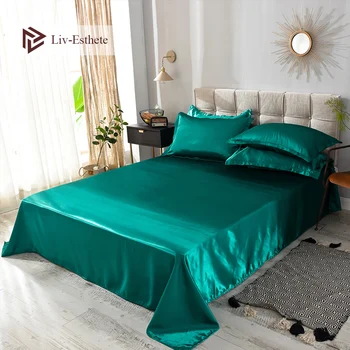 

Liv-Esthete 2020 Hot Sale Wholesale Luxury 100% Satin Silk Green 1PCS Flat Sheet Silky Queen King Bed Sheets For Women Men