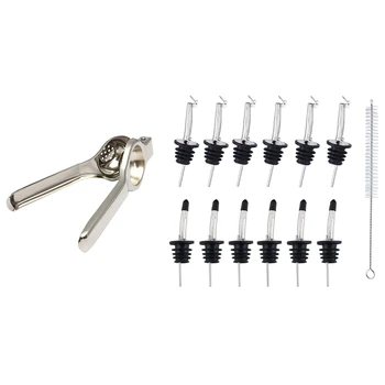 

13 Pcs Kitchen Accessories: 1 Pcs Lemon Squeezer Citrus Juicer & 12 Pcs Bottle Pourers Set, Liquor Pourers with Caps
