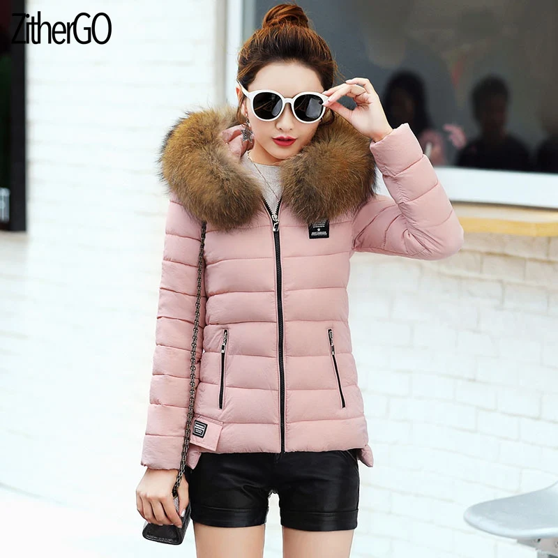 Pink ZitherGo новое зимнее пальто женская зимняя куртка женские парки перчатки теплый съемный меховой воротник Съемная шапка облегающая верхняя одежда - Цвет: Pink