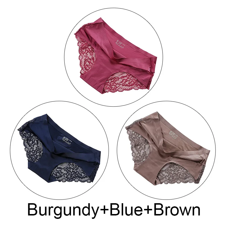 Burgundy Blue Brown 3 шт./партия, шелковые сексуальные кружевные трусики, женские бесшовные трусики, нижнее белье с низкой посадкой, женское Прозрачное нижнее белье, юбка-брюки - Цвет: Burgundy Blue Brown