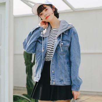 

Vintage Single Breasted Jackets for Women Korean Loose Hooded Denim Jacket Autumn Winter Female Casual Long Sleeve Jean Jacket