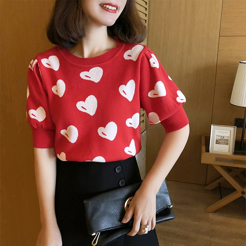 shintimes Tee Shirt Femme Hit Color Knitted T Shirts Women 2022 Summer Sweet Patchwork Puff Sleeve Tshirt Woman Vetement Femme