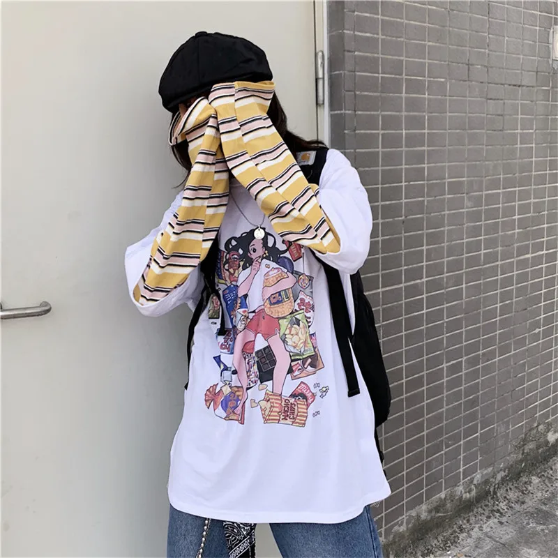 Lychee Harajuku, женские футболки в полоску, 2 шт., топы, футболки с героями мультфильмов, женская футболка, топ, футболка, пэчворк, женские футболки