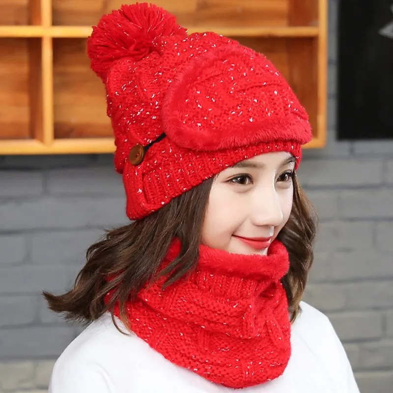 Knitted Hat Scarf Winter Skullies Beanies Female Winter Hats For Women Thick scarf mask set Warm Thicken Fashion Cap