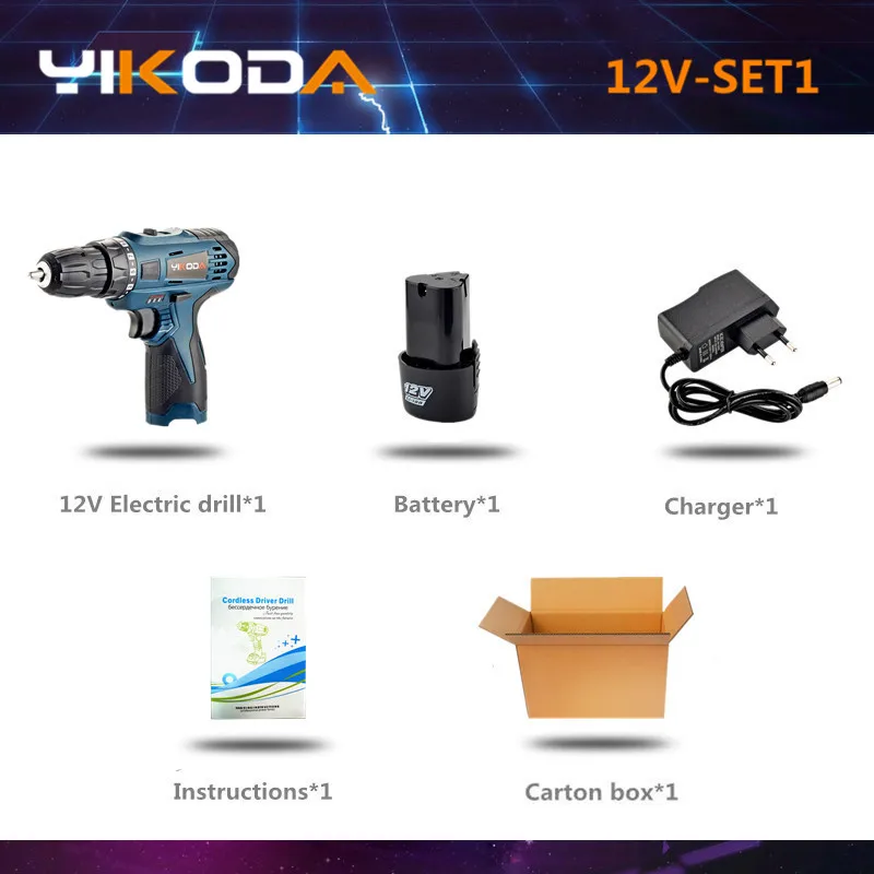 12V-SET1 YIKODA 12 В Электрическая отвертка Parafusadeira перезаряжаемая литиевая батарея многофункциональная аккумуляторная электрическая дрель электроинструменты - Цвет: 12V-SET1