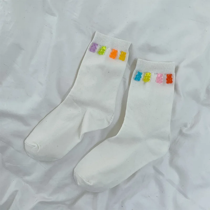 white SP& CITY, модные однотонные женские носки, прозрачные, с украшением в виде медведя, милые высокие носки, Хлопковые гольфы, корейские носки - Цвет: white