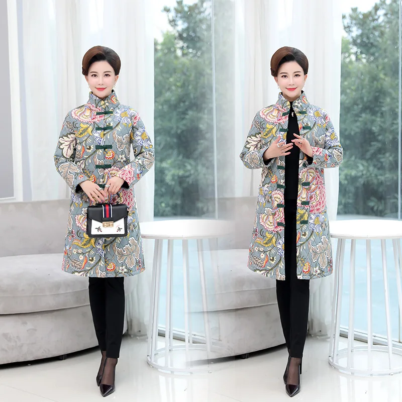 

Photo Shoot 2019 Ethnic-Style Autumn And Winter Cotton Linen Padded Cotton Overcoat Large Size Mid-length Middle-aged Women Dres