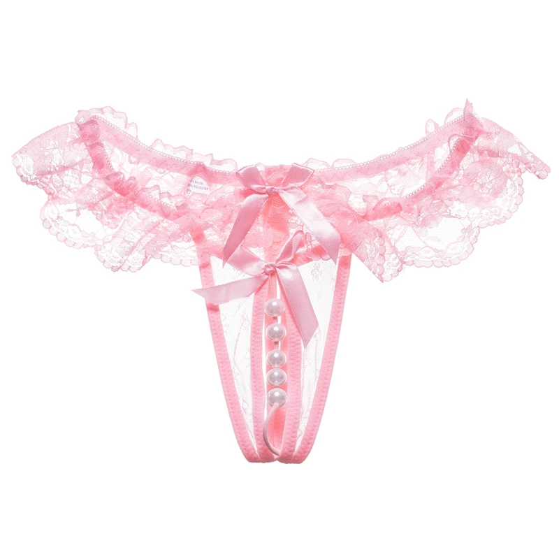 Plus Size Lace Panties Women Sexy Transparent Underwear Pearl Massage Culotte Femme Open Crotch Thongs