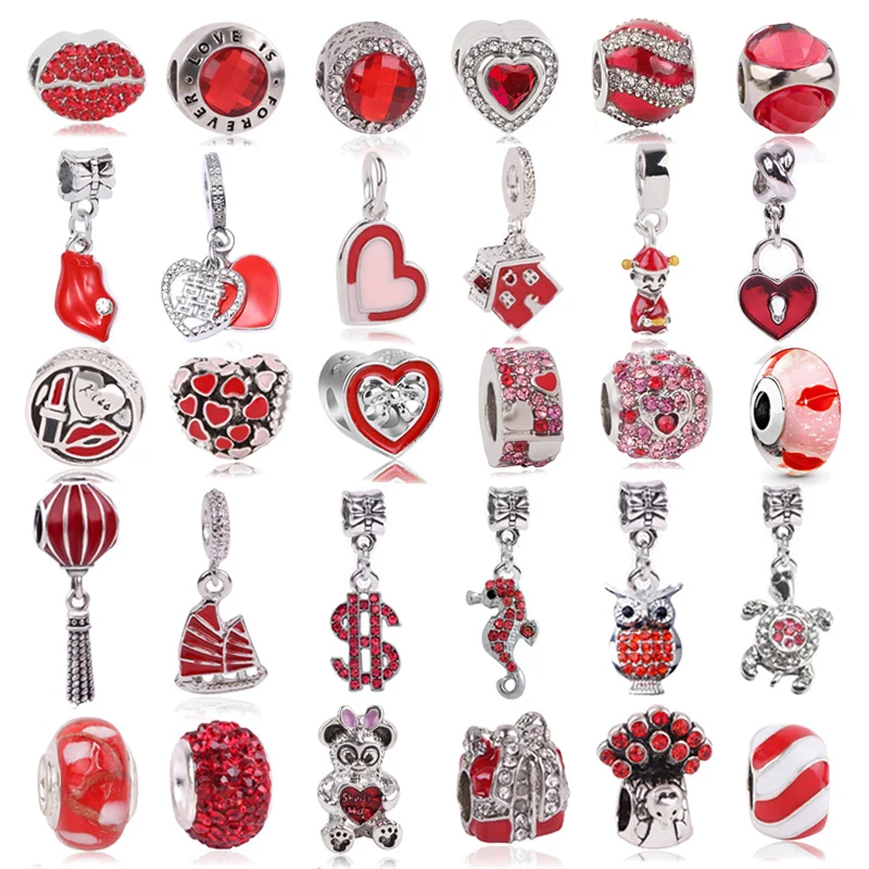 Boosbiy 2pc Red lips Heart Crown Charm Beads Pendant Fit Brand Charms Bracelet Necklace For Women Jewelry DIY Making