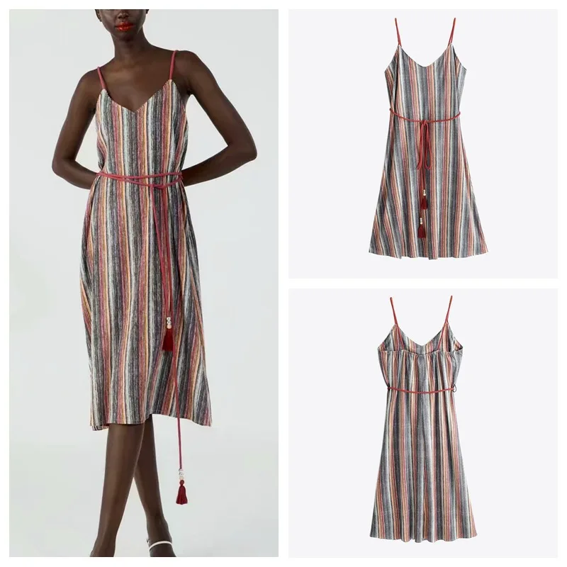 

2019 New Style WOMEN'S Dress V-neck Multi-color Stripe Printed Lace-up Dress Camisole Skirt