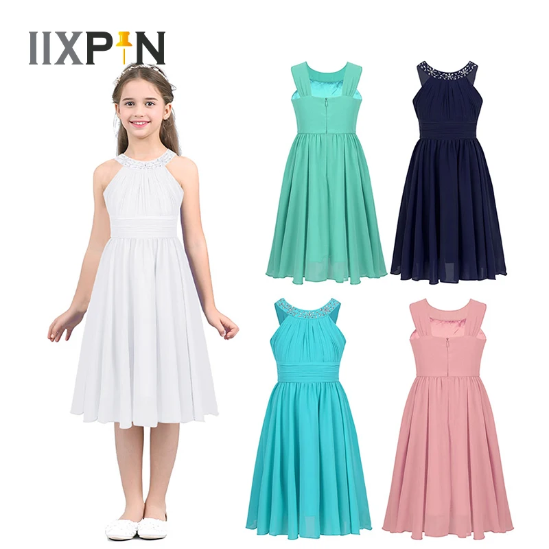

Children Rhinestone Halter Neck Chiffon Flower Girl Dress Kids Princess Dresses For Girls Wedding Pageant Birthday Party Dress