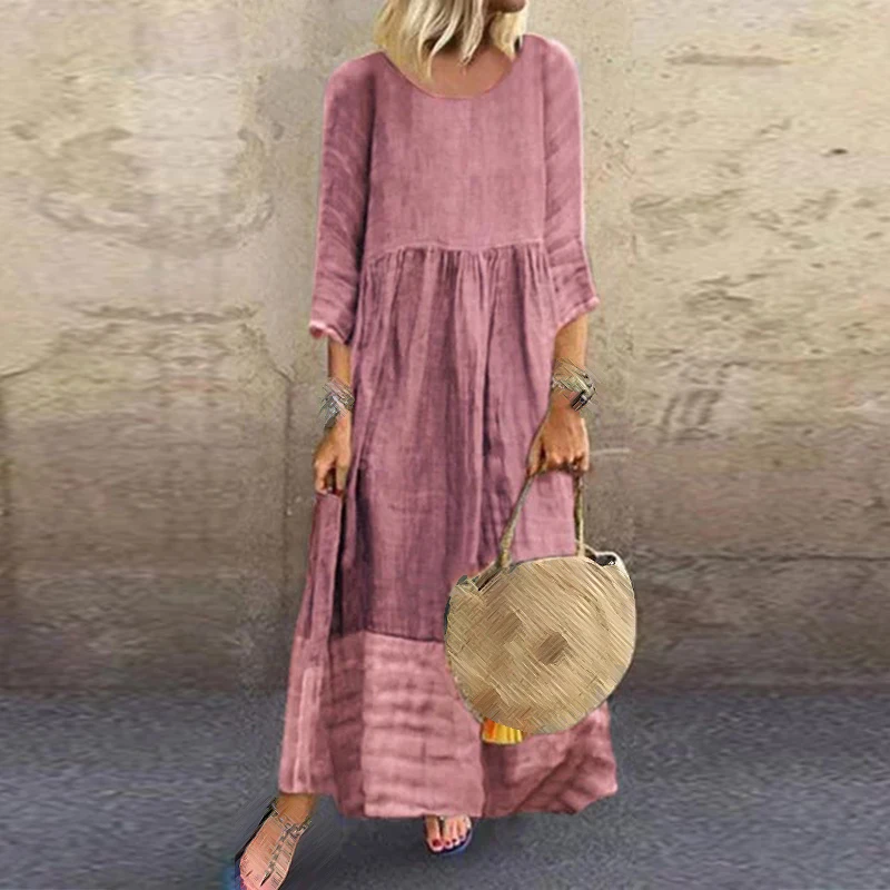 

Women Fashion Long Dress Loose Fit 3/4 Sleeve Round Neck Ethnic Style Vintage maxi dress big size holiday boho straight dresses