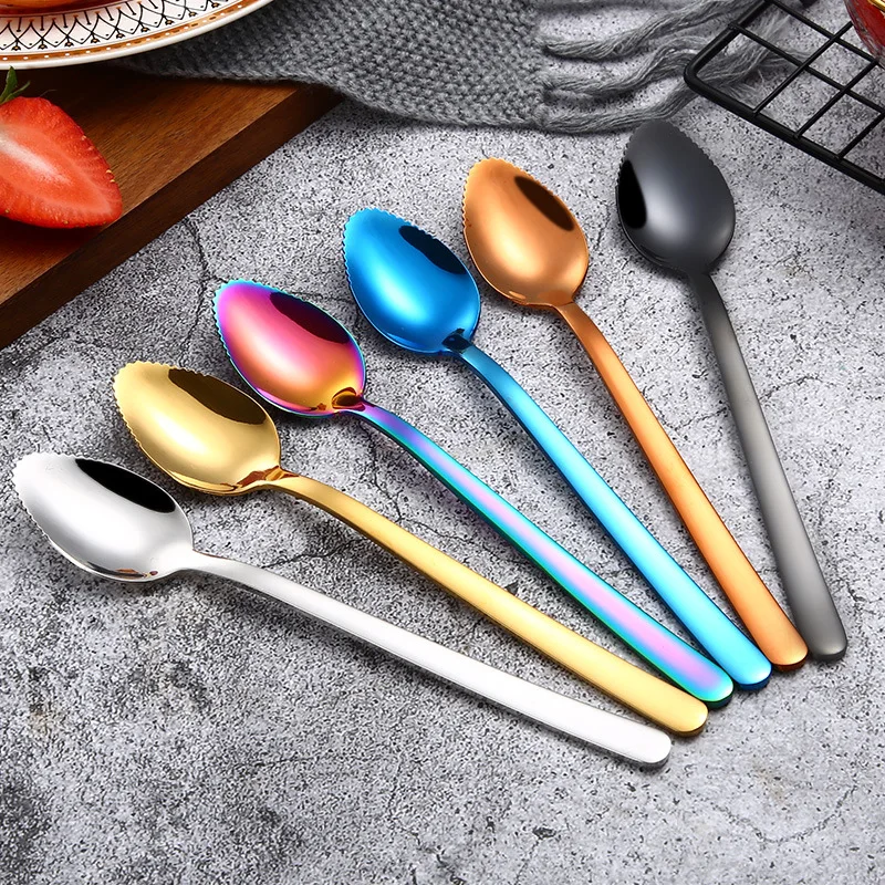 

Stainless steel apple spatula food spoon with serrated baby fruit spatula scoop digging balls gold coffee Spoon tableware kids